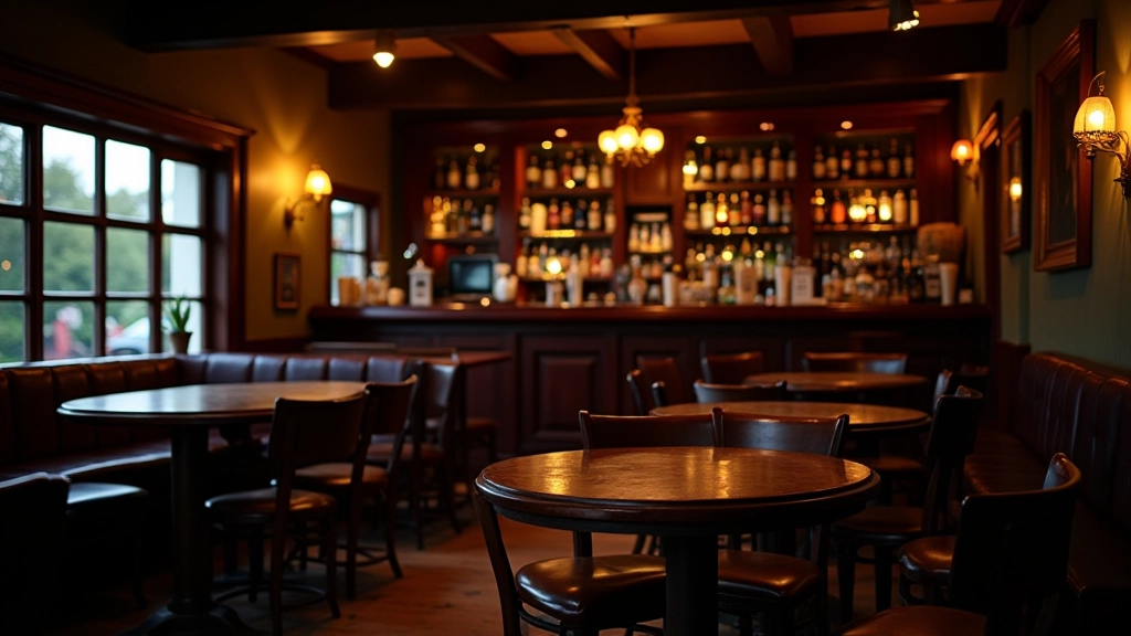 Traditional Irish pub interior with dark wood, warm lighting, cozy seating, and vintage decor