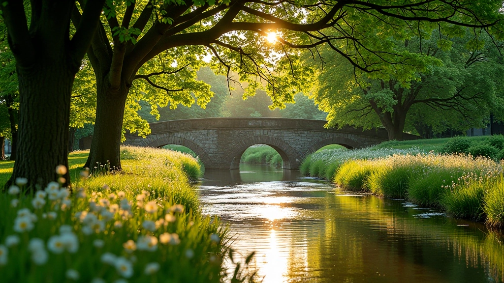Scenic riverside walking path along Maigue river with overhanging trees, lush green banks, and stone bridge in distance