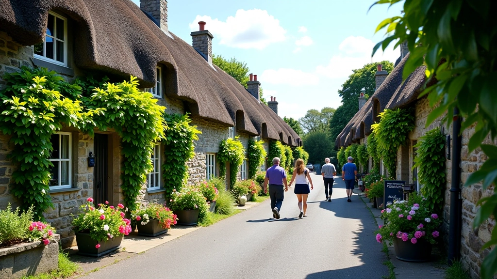 Historic Adare village street with ivy-covered thatched houses, stone walls, and colorful flower boxes in traditional setting