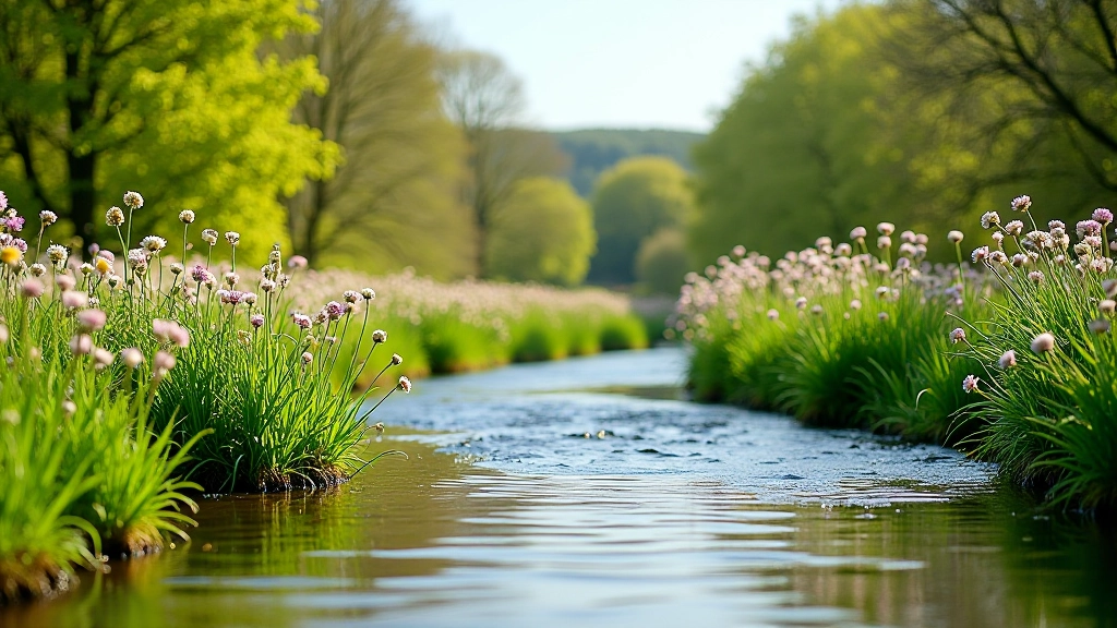 Maigue river in spring with blooming wildflowers along banks, fresh green foliage, flowing water, natural riverside habitat
