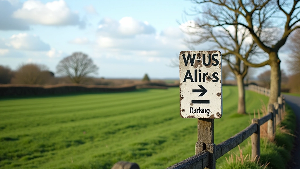 Car park signage and directional arrows in rural Irish village setting, well-marked parking area with green fields beyond