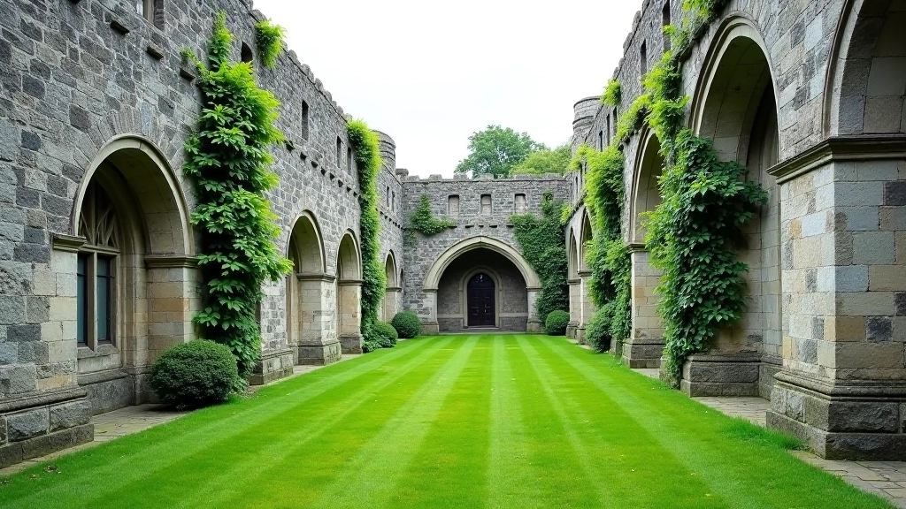 Stone friary ruins with gothic arches and weathered medieval stonework, ivy covering parts of walls, quiet green grounds
