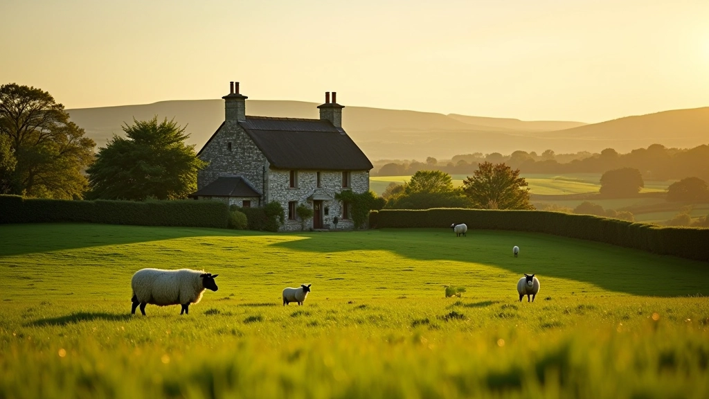 Farmer with sheep in open green pasture field with distant hedgerows and traditional Irish farmhouse on horizon