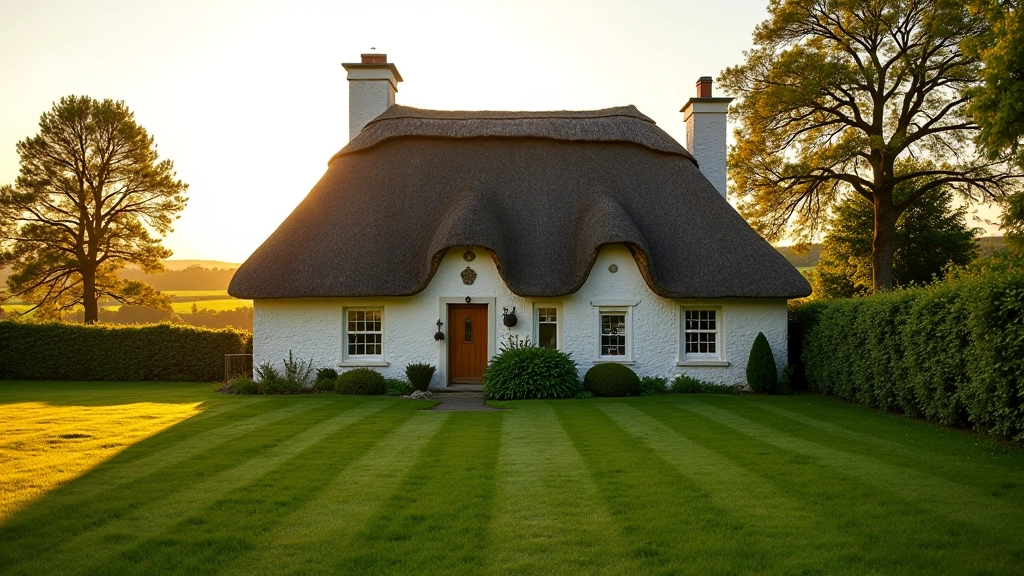 Traditional thatched cottage in Adare heritage setting with green countryside surroundings