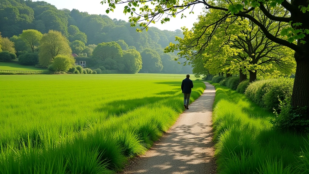 Walking path along Maigue River with green fields, trees, and peaceful countryside scenery