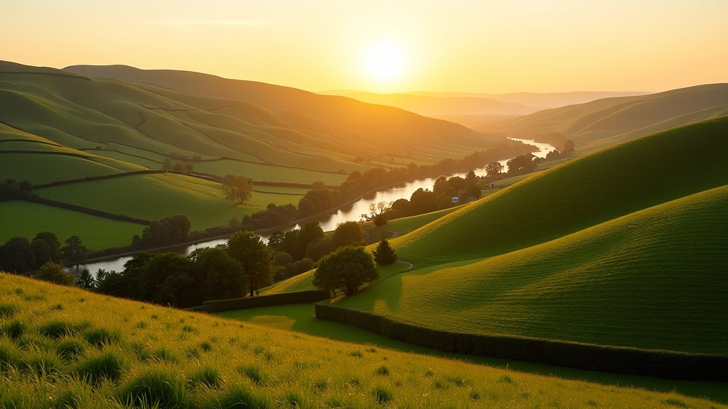 Scenic Maigue river valley landscape with rolling green hills and trees at sunset