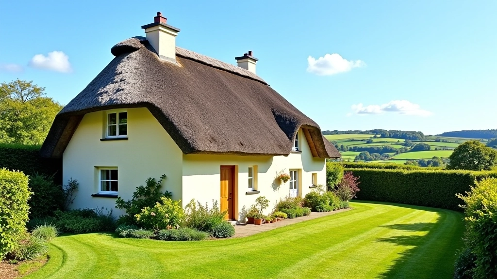 Thatched stone cottage with white walls and traditional Irish architecture surrounded by green farmland and gardens
