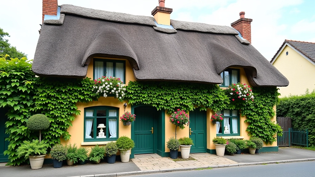 Thatched cottage storefront with ivy, traditional Irish shop window, flower baskets hanging from eaves