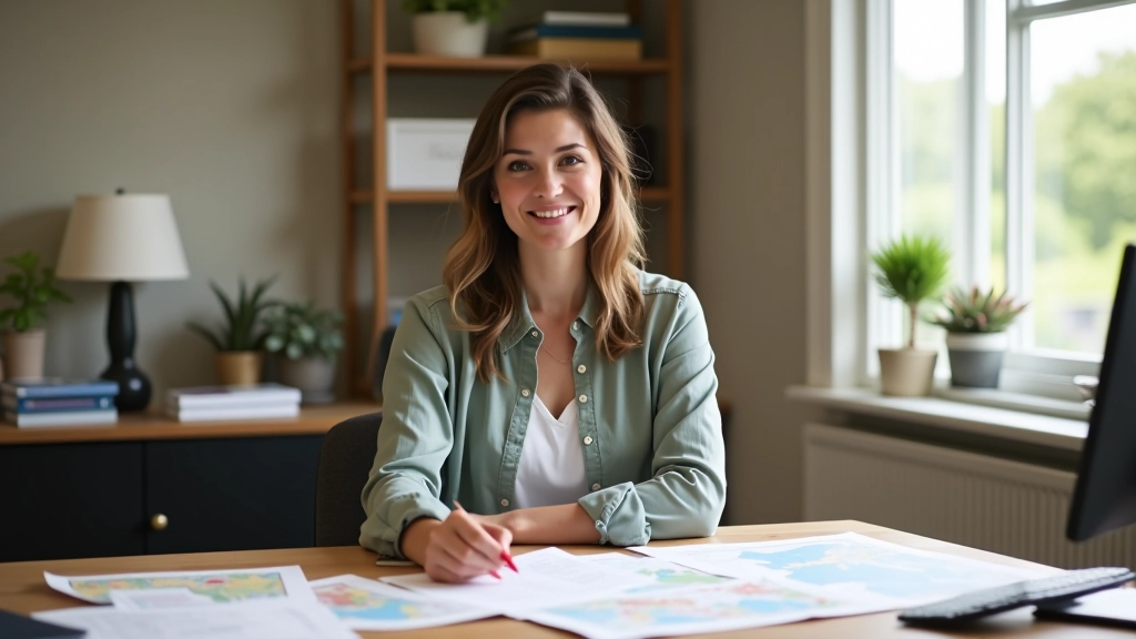 Siobhán O'Mahony at her desk in a bright office, working on heritage documentation with maps and research materials, warm natural light from window