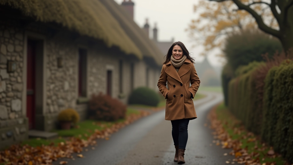 Siobhán O'Mahony walking through thatched cottage village in Adare, Limerick, on a misty morning with heritage buildings in background